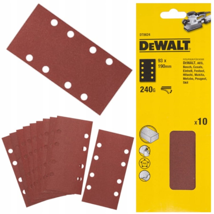 DT8624 Arkusze ścierne papier 93 x 190mm na rzep P240, DeWALT