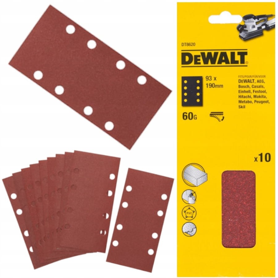 DT8620 Arkusze ścierne papier 93 x 190mm na rzep P60, DeWALT