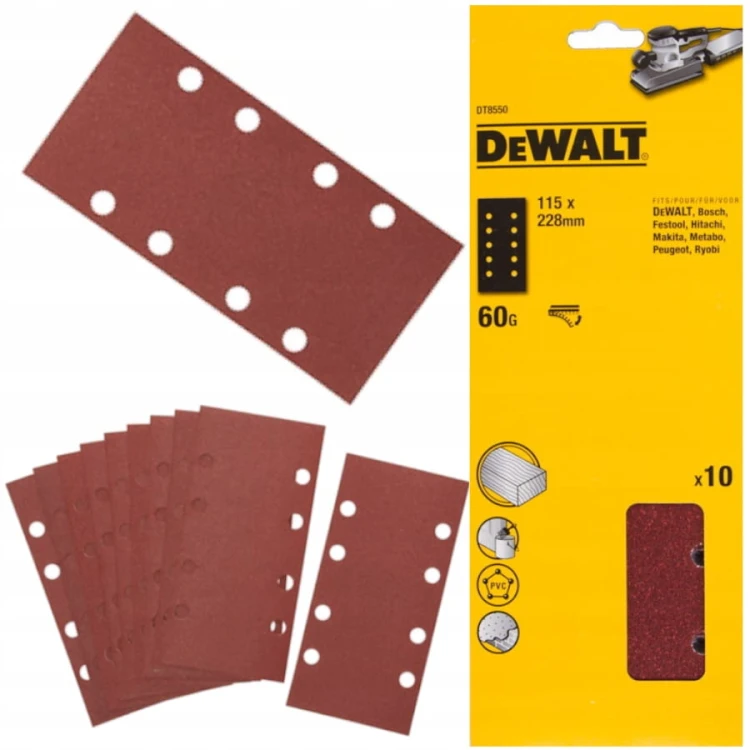 DT8550 Papier ścierny 228 x 115 mm, rzep (10 szt.) grad. P60 DeWALT