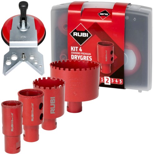 RUBI 51931 Zestaw wierteł diamentowych DryGres Premium 28/35/43/68mm 4szt. + prowadnica Multidrill