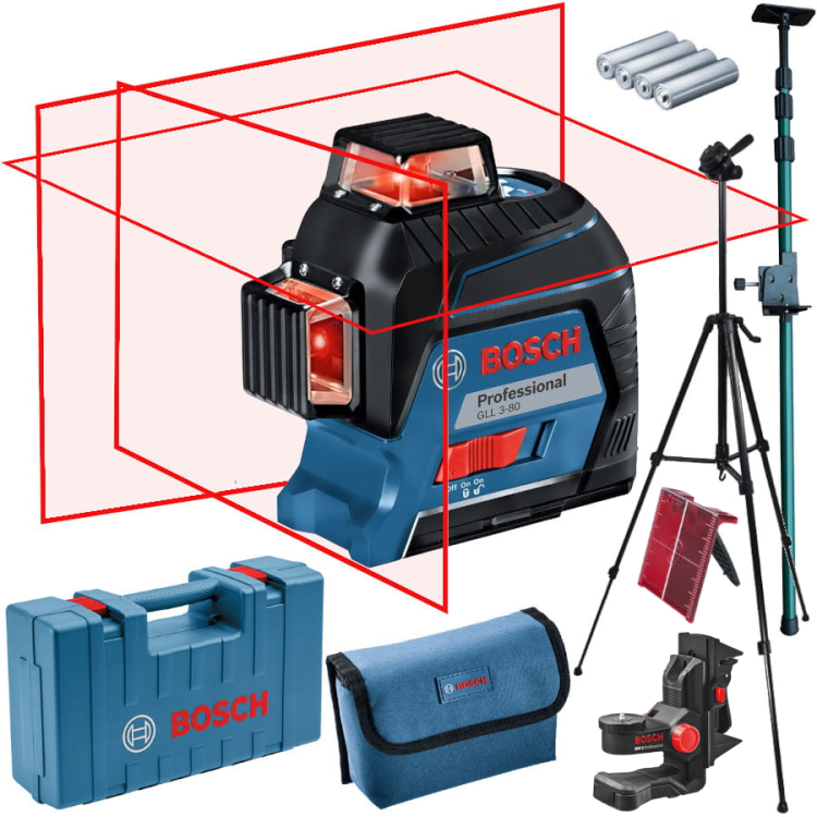 GLL 3-80 Laser krzyżowy BOSCH NIEBIESKI + Statyw W260 + Tyczka GT-320 + Uchwyt