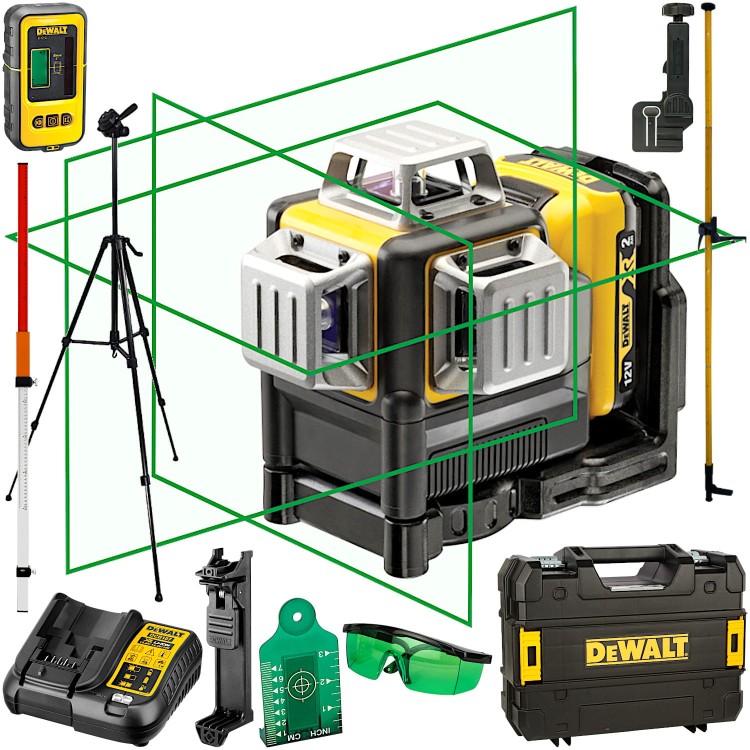 DEWALT DCE089D1G Laser samopoziomujący 3x 360° zielony + czujnik DE0892G + statyw, tyczka GT-360, łata GT-240