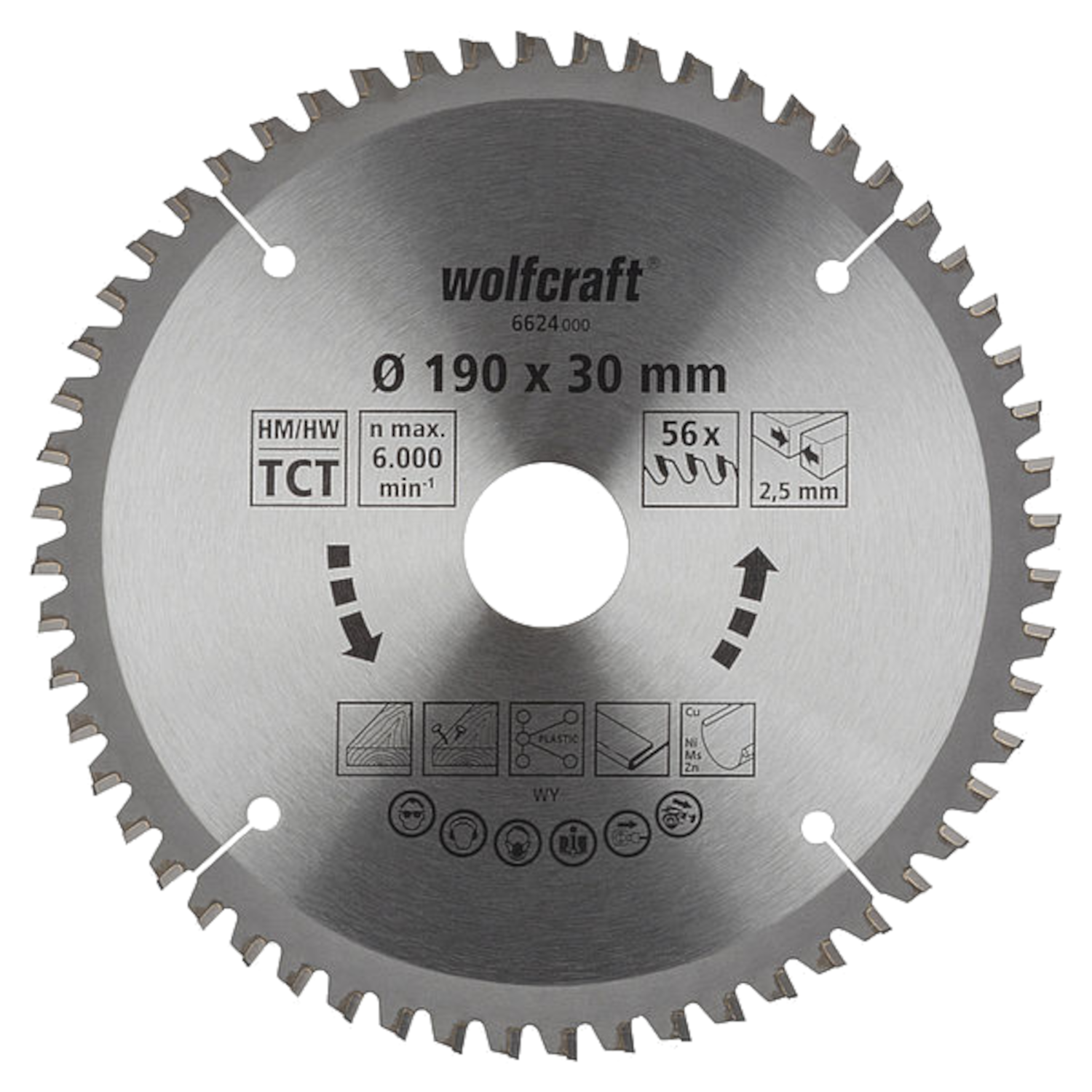 WOLFCRAFT 6624000 Tarcza do drewna 190 x 30 x 2,6mm 56 zębów, seria lila
