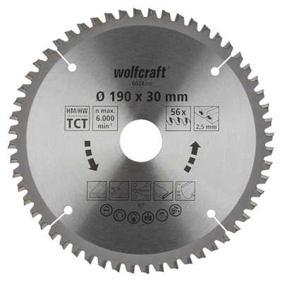 WOLFCRAFT 6624000 Tarcza do drewna 190 x 30 x 2,6mm 56 zębów, seria lila