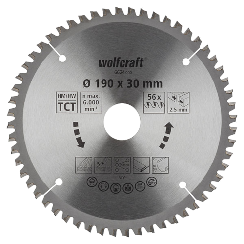 WOLFCRAFT 6624000 Tarcza do drewna 190 x 30 x 2,6mm 56 zębów, seria lila
