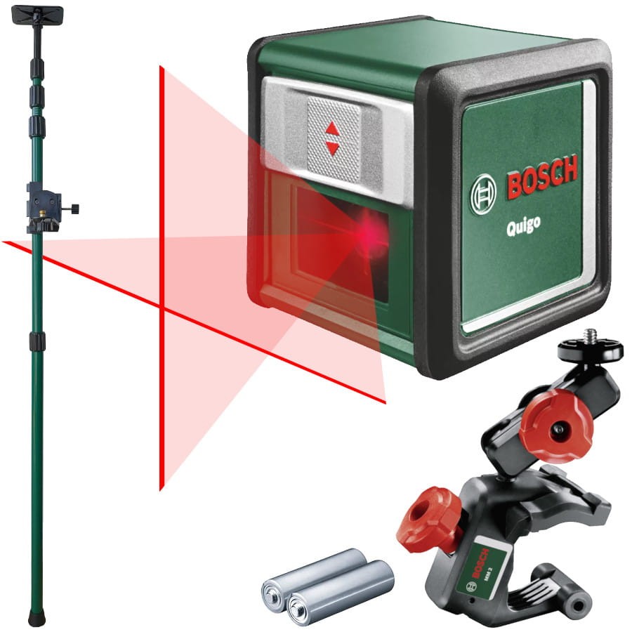 BOSCH Laser krzyżowy QUIGO II + wielofunkcyjny uchwyt MM 2 + tyczka GT-320