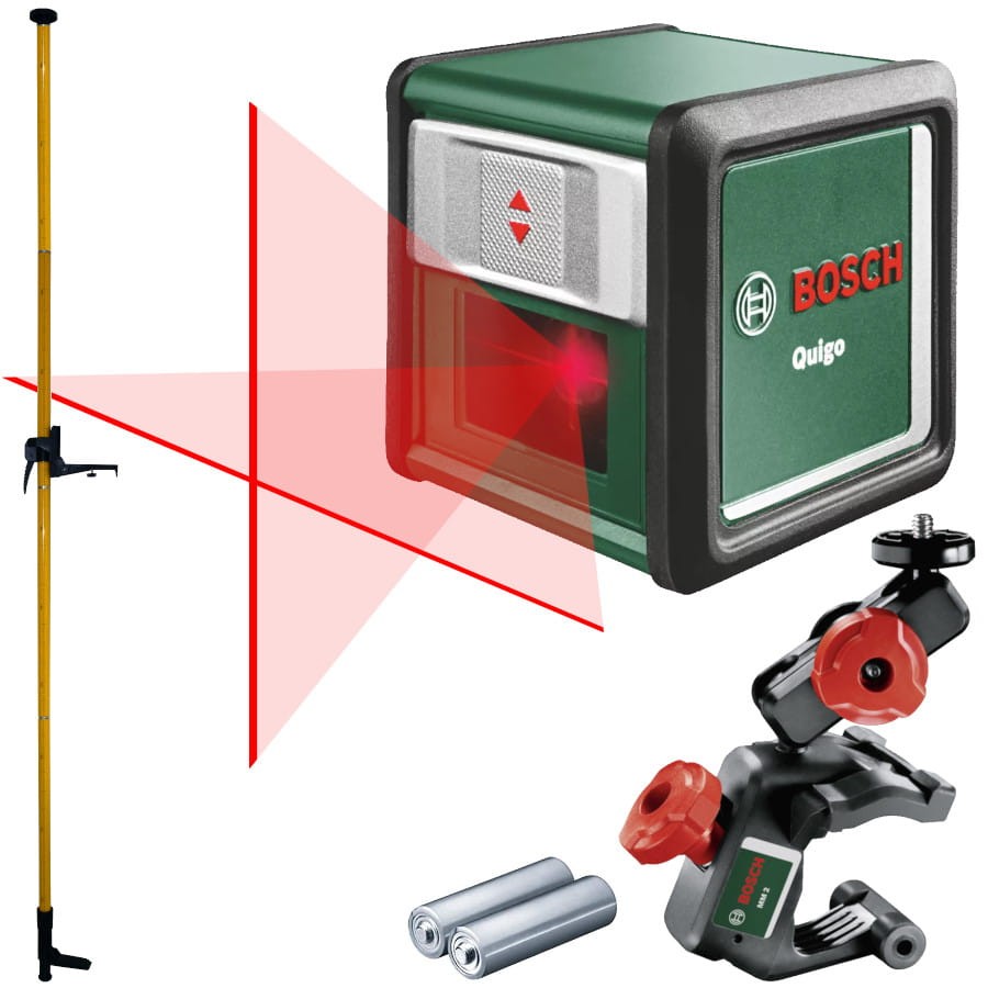BOSCH Laser krzyżowy QUIGO II + wielofunkcyjny uchwyt MM 2 + tyczka GT-360