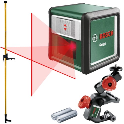 BOSCH Laser krzyżowy QUIGO II + wielofunkcyjny uchwyt MM 2 + tyczka GT-360