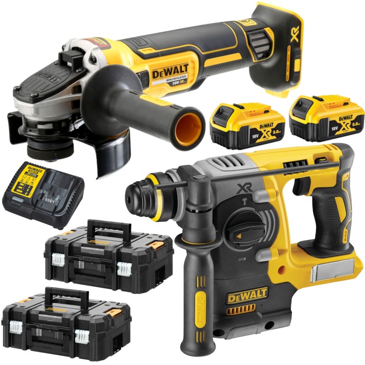 DEWALT DCG405P2 Szlifierka kątowa 2x5.0 Ah + ładowarka + skrzynia + młotowiertarka DCH273NT