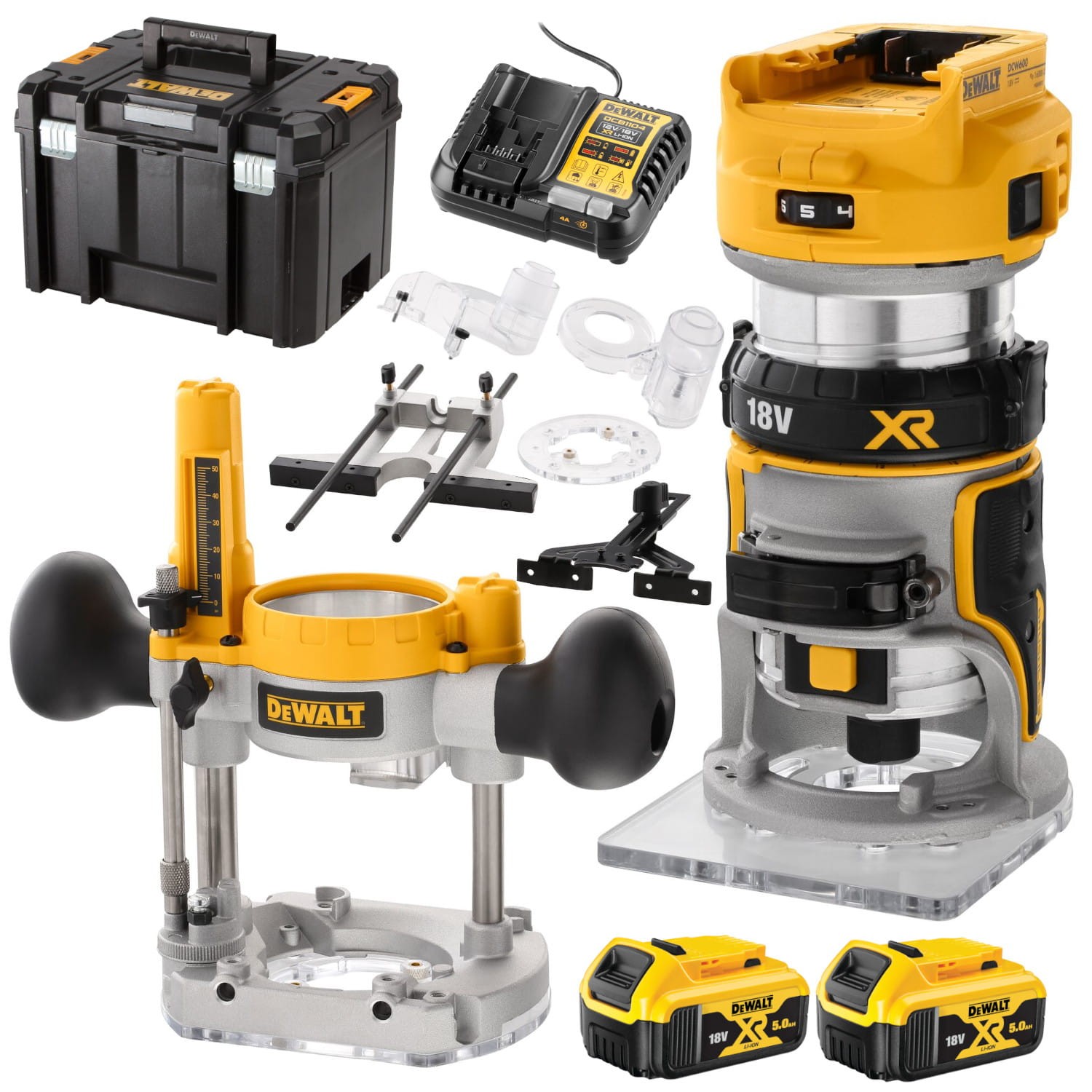 DEWALT DCW604P2 Frezarka górnowrzecionowa 8mm 18V + walizka TSTAK + 2x aku 5Ah + ładowarka