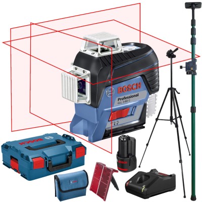 BOSCH Laser krzyżowy GLL 3-80C aku 2Ah ładowarka + L-Boxx + statyw W260 + tyczka GT-320