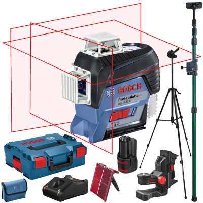 BOSCH Laser krzyżowy GLL 3-80C aku 2Ah ładowarka + uchwyt BM1 Plus + L-Boxx + statyw W260 + tyczka GT-320