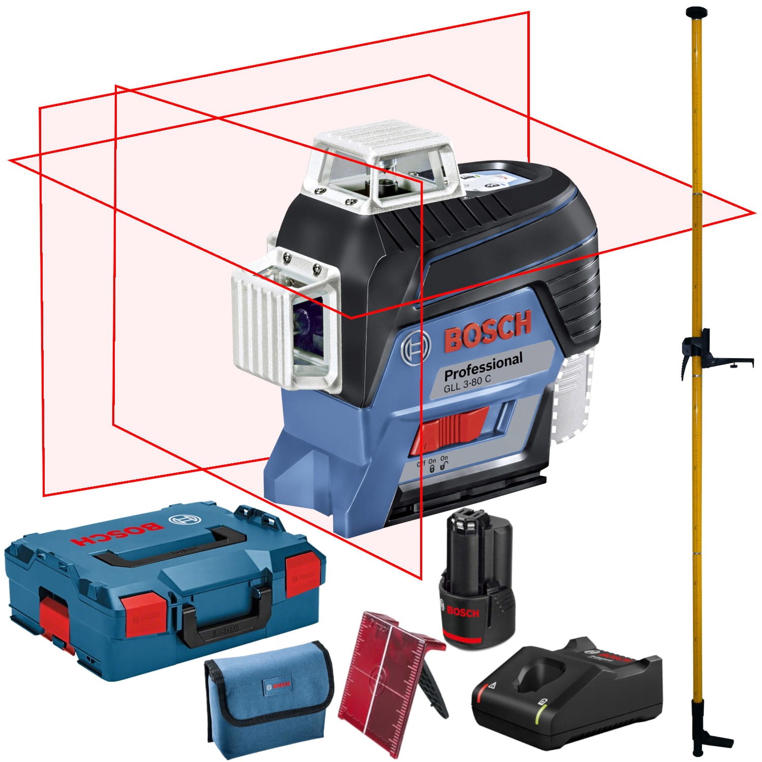 BOSCH Laser krzyżowy GLL 3-80C aku 2Ah ładowarka + L-Boxx + tyczka GT-360
