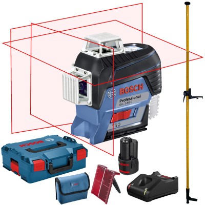 BOSCH Laser krzyżowy GLL 3-80C aku 2Ah ładowarka + L-Boxx + tyczka GT-360