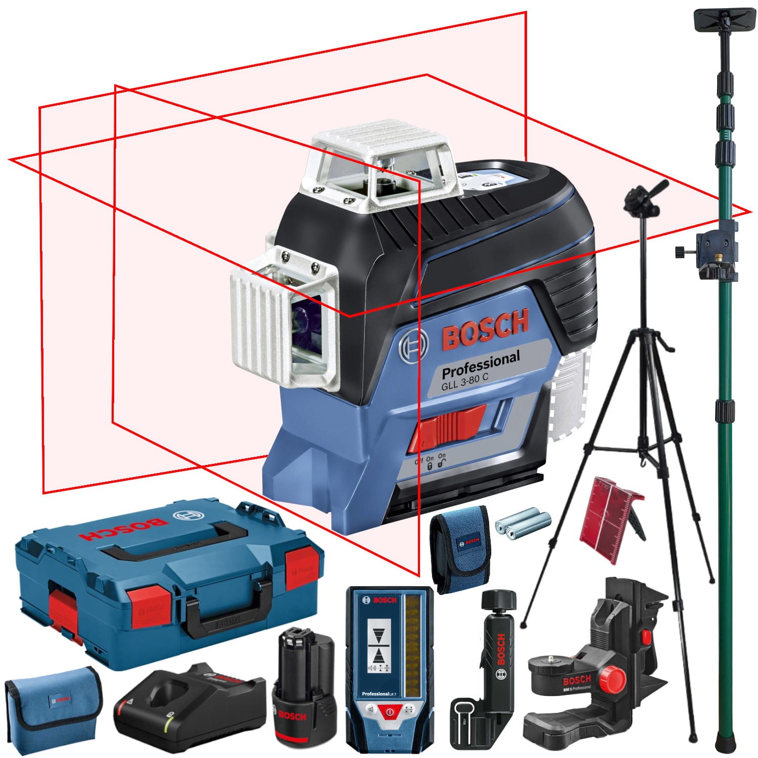BOSCH Laser krzyżowy GLL 3-80C aku 2Ah ładowarka + uchwyt BM1 Plus + L-Boxx + statyw W260 + tyczka GT-320 + czujnik LR7