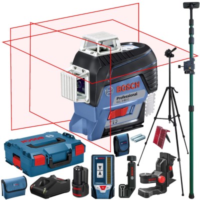 BOSCH Laser krzyżowy GLL 3-80C aku 2Ah ładowarka + uchwyt BM1 Plus + L-Boxx + statyw W260 + tyczka GT-320 + czujnik LR7