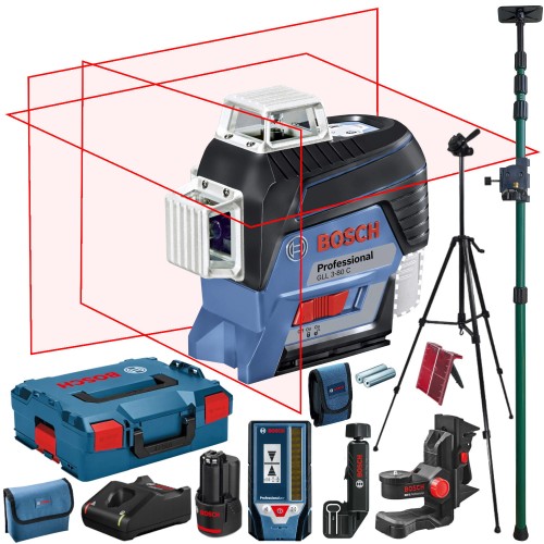 BOSCH Laser krzyżowy GLL 3-80C aku 2Ah ładowarka + uchwyt BM1 Plus + L-Boxx + statyw W260 + tyczka GT-320 + czujnik LR7