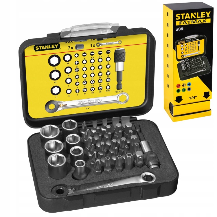 Zestaw 39szt bitów 1/4" z kluczem z grzchotką Stanley