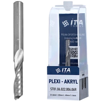 ITA TOOLS Frez do PLEXI, akrylu VHM Z1 D=6 I=22 L=60 S=6