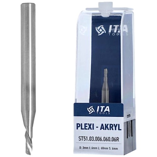 ITA TOOLS Frez do PLEXI, akrylu VHM Z1 D=3 I=6 L=60 S=6