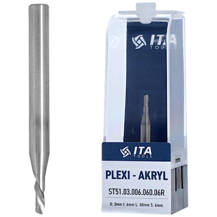 ITA TOOLS Frez do PLEXI, akrylu VHM Z1 D=3 I=6 L=60 S=6