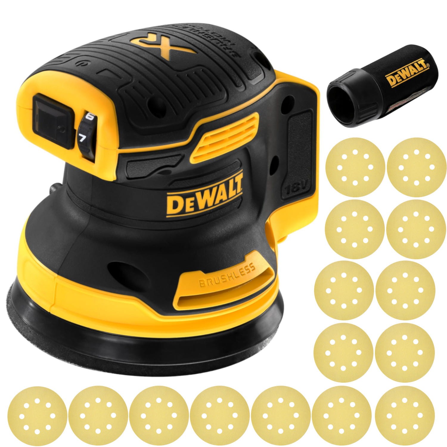 DEWALT DCW210N Szlifierka mimośrodowa 125mm 18V + papier ścierny 15szt.