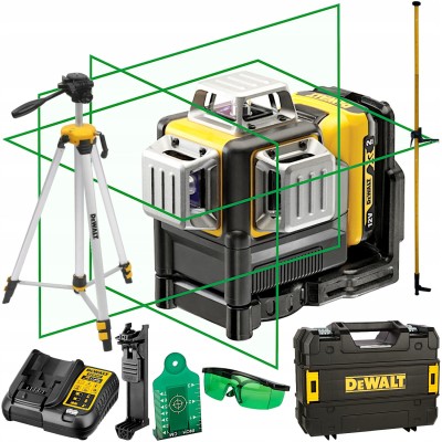 DEWALT DCE089D1G Laser krzyżowy akumulatorowy 10,8V zielony + akcesoria + Statyw + Tyczka