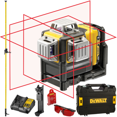 Laser krzyżowy 3x360 czerwony 20m 2,0Ah DeWALT DCE089D1R + tyczka