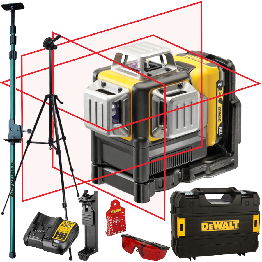 Laser krzyżowy 3x360 czerwony 20m 2,0Ah DeWALT DCE089D1R + tyczka + statyw