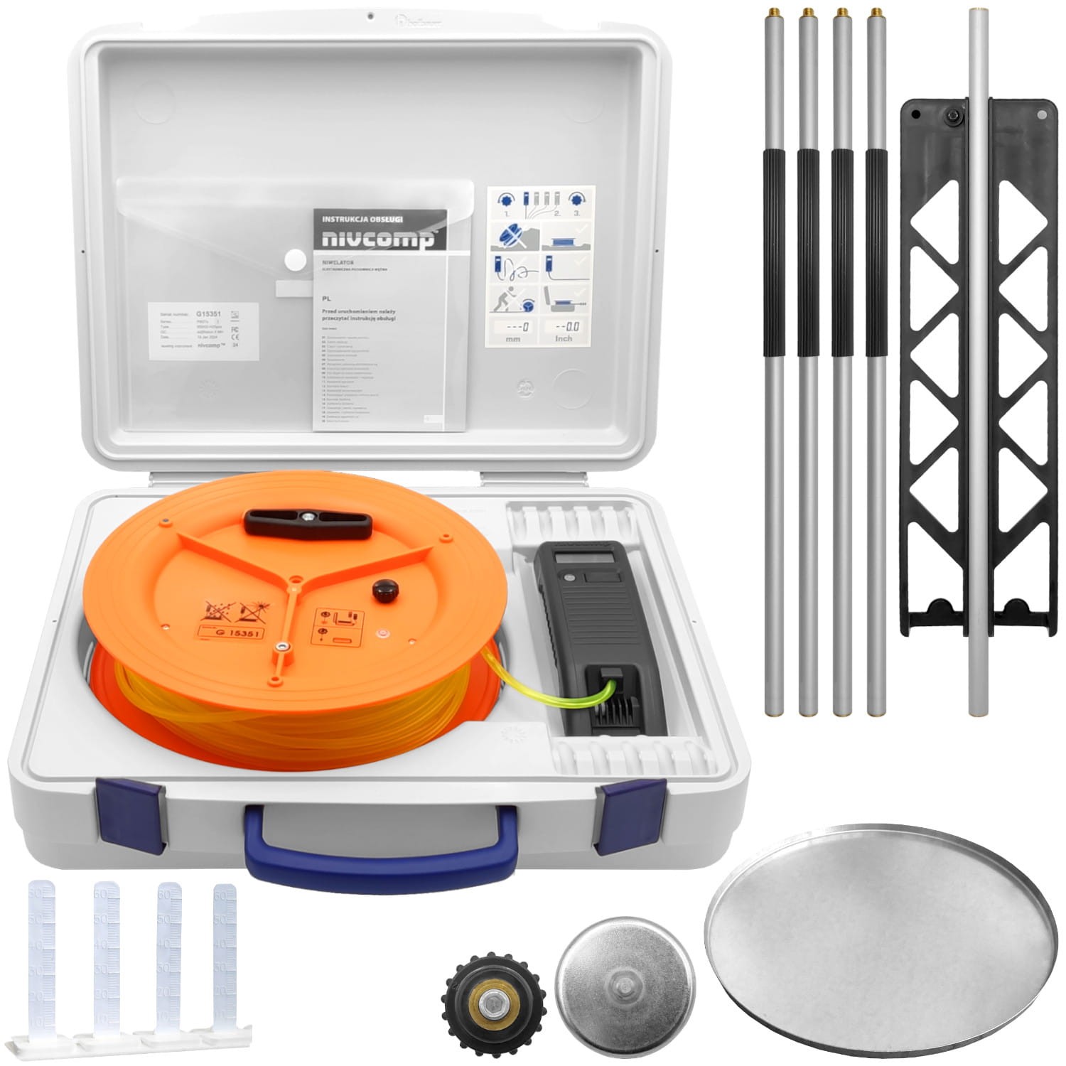 NIVCOMP H25-00 Zestaw poziomica wężowa elektroniczna + tyczka + talerz