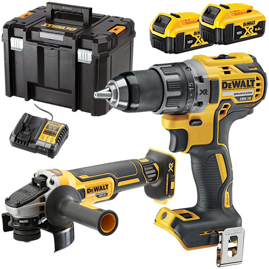 DEWALT DCK2020P2T Wiertarko-wkrętarka DCD791 + szlifierka kątowa DCG405 + 2x akumulator 5.0Ah + ładowarka + walizka