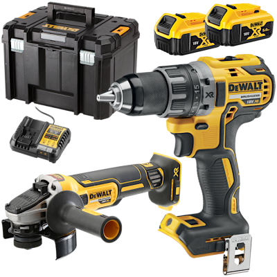 DEWALT DCK2020P2T Wiertarko-wkrętarka DCD791 + szlifierka kątowa DCG405 + 2x akumulator 5.0Ah + ładowarka + walizka