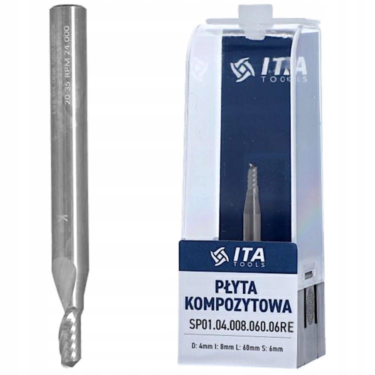 ITA TOOLS Frez do płyty kompozytowej, aluminium VHM Z1 D=4 I=8 L=60 S=6