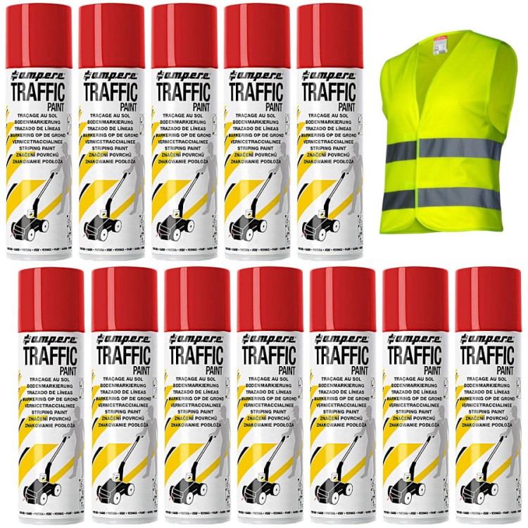 AMPERE TRAFFIC PAINT Farba do malowania linii 500ml czerwona 12szt. + kamizelka gratis