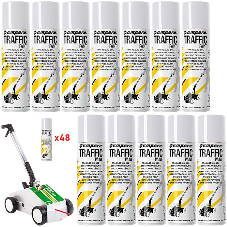 AMPERE TRAFFIC PAINT Farba do malowania linii 500ml biała 48szt. + wózek do znakowania