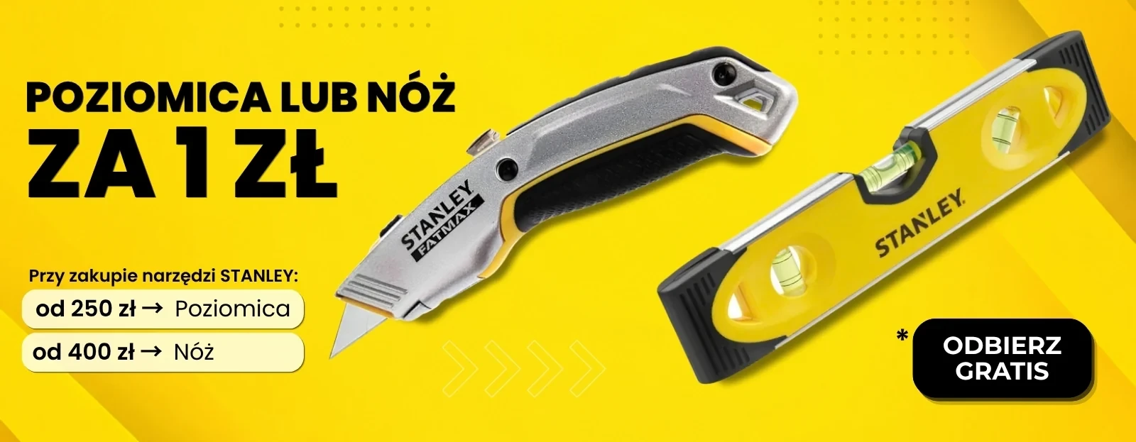 Promocja STANLEY w Mensura.pl - poziomica za 1 zł przy zakupach od 250 zł lub nóż  za 1 zł przy zakupach od 400 zł