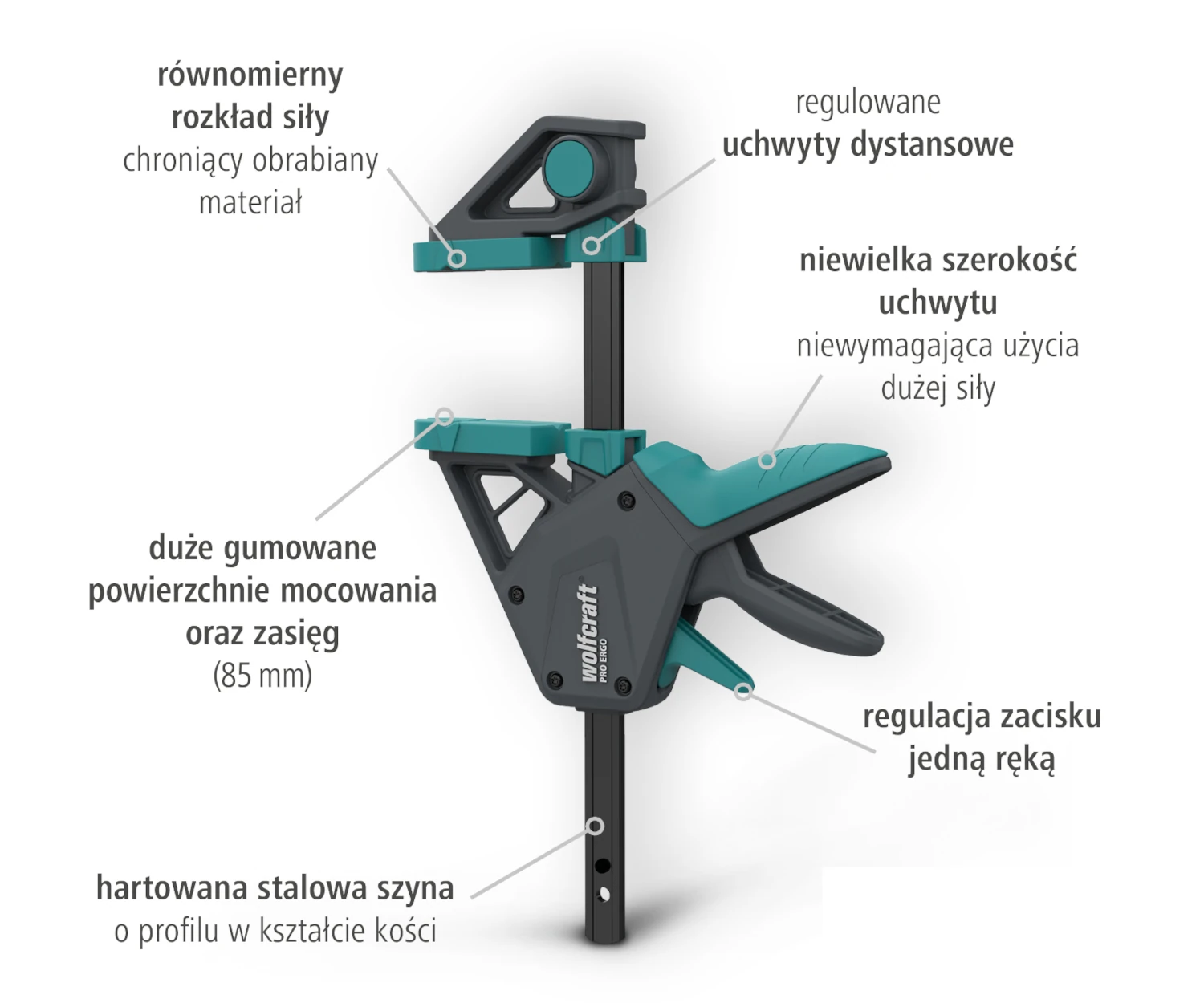 Ścisk stolarski jednoręczny PRO ERGO Wolfcraft schemat dane techniczne