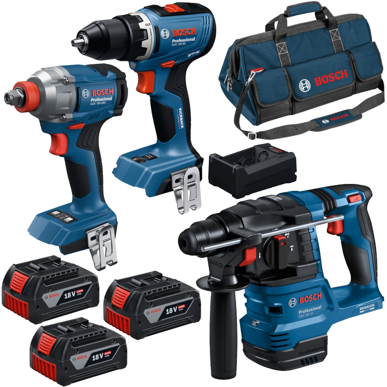 Zestaw Bosch COMBI 18V GBH 18V-22 GSR 18V-65 GDX 18V-285 3x5Ah + ŁAD TORBA
