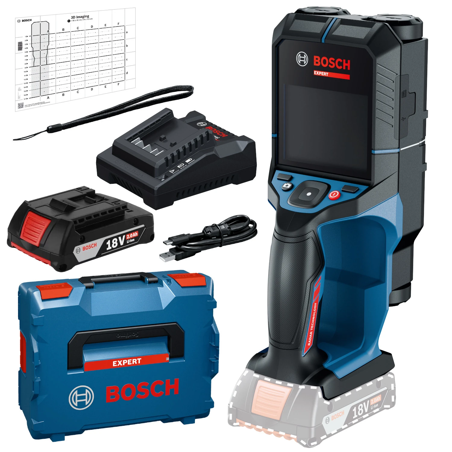 Detektor akumulatorowy 18V 2Ah ład L-Boxx Bosch EXPERT D-tect 18V-200-17C 