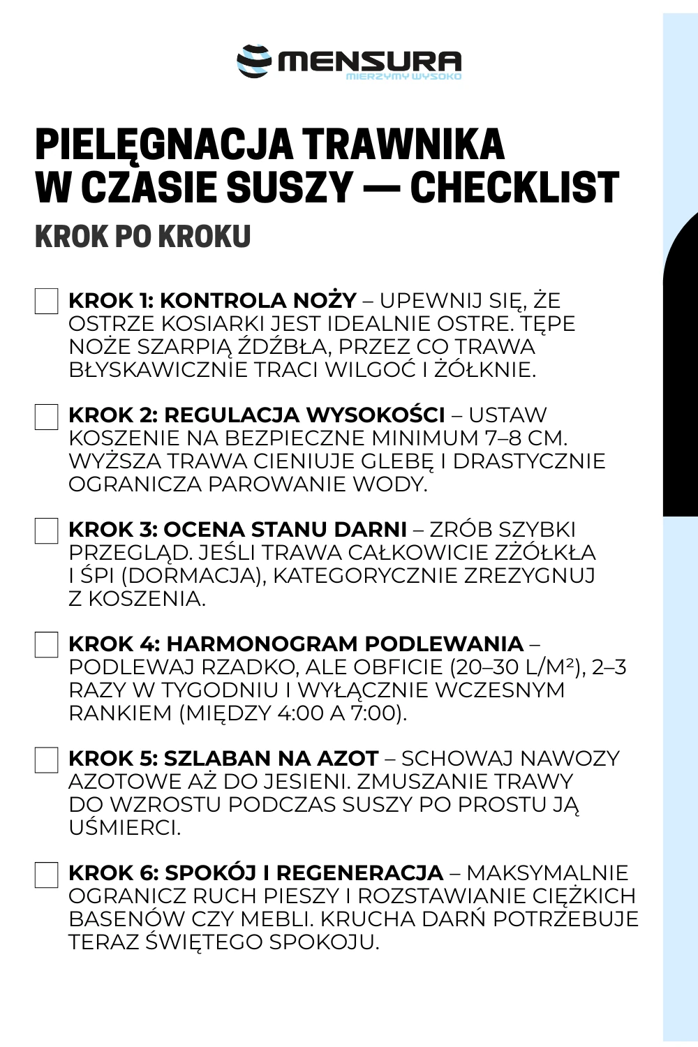 Pielęgnacja trawnika w czasie suszy - checklista