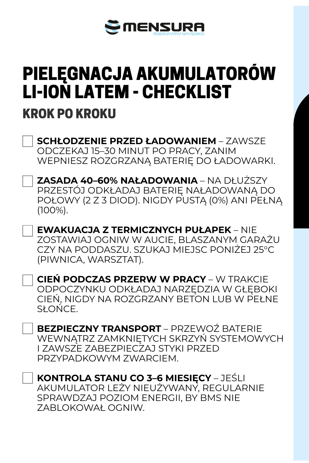 Checklist - pielęgnacja akumulatorów Li-Ion latem